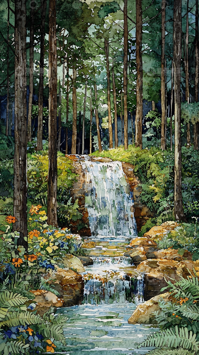 高清大图下载【趣麦麦图】森林瀑布水彩画