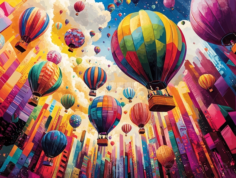 高清大图下载【趣麦麦图】彩色热气球城市上空