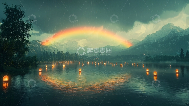 高清大图下载【趣麦麦图】彩虹湖面山峦灯火