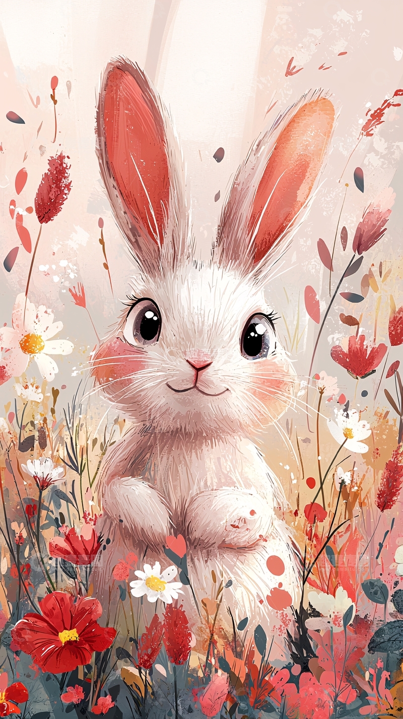 高清大图下载【趣麦麦图】可爱卡通小白兔花丛