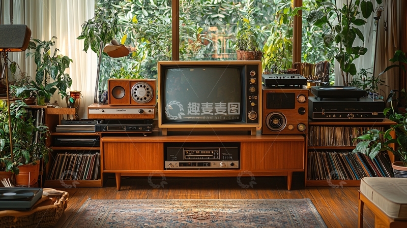 高清大图下载【趣麦麦图】复古电视机和植物的房间