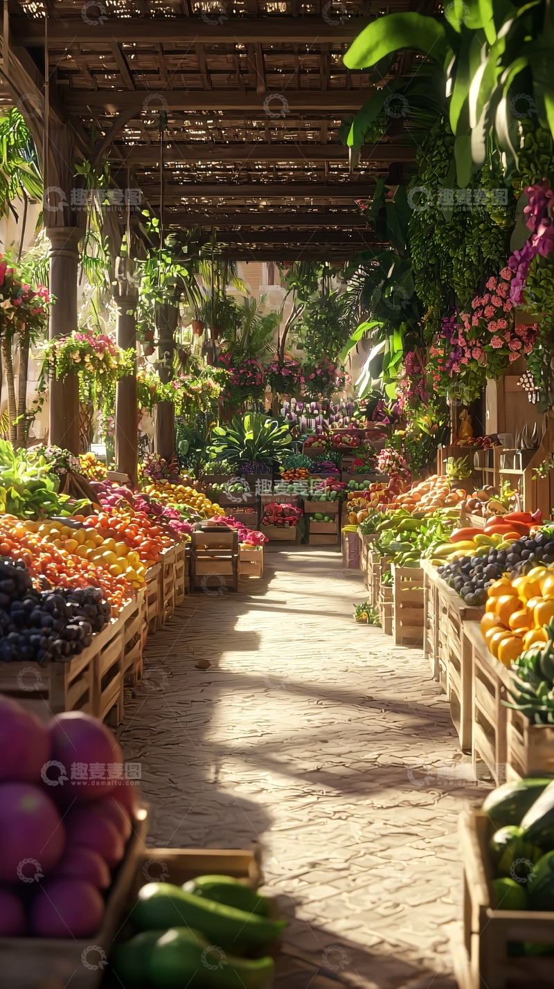 高清大图下载【趣麦麦图】阳光下的水果蔬菜市场