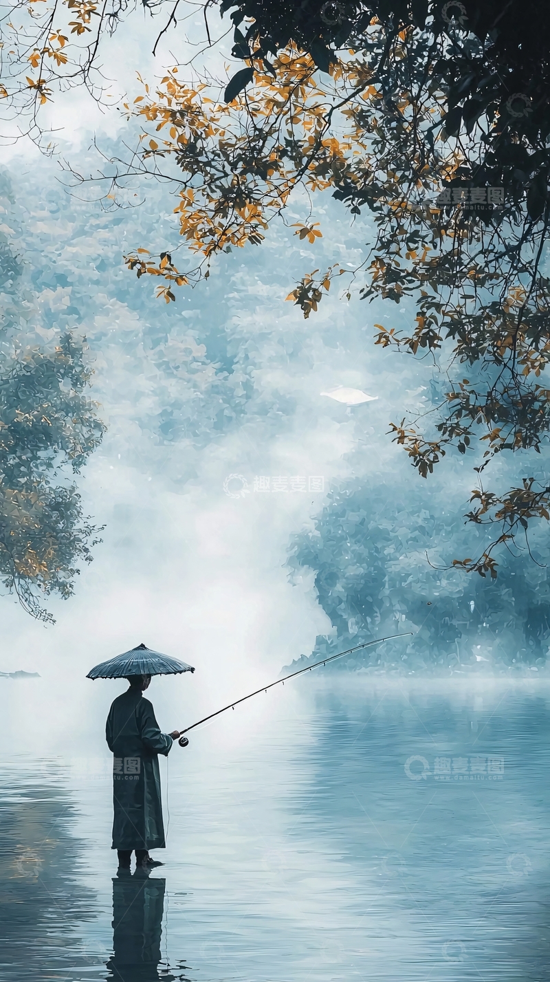 高清大图下载【趣麦麦图】水墨画风格垂钓图