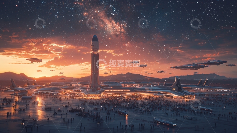 高清大图下载【趣麦麦图】宇宙飞船降落日落城市