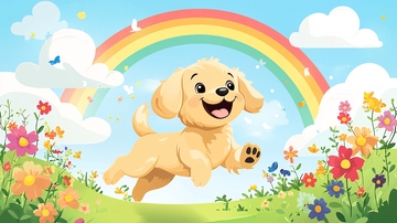 彩虹下奔跑的金毛幼犬