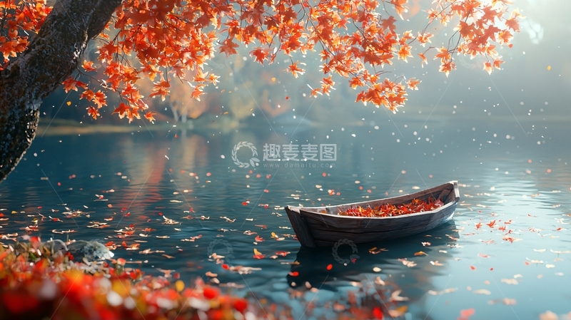 高清大图下载【趣麦麦图】秋日湖边小船落叶
