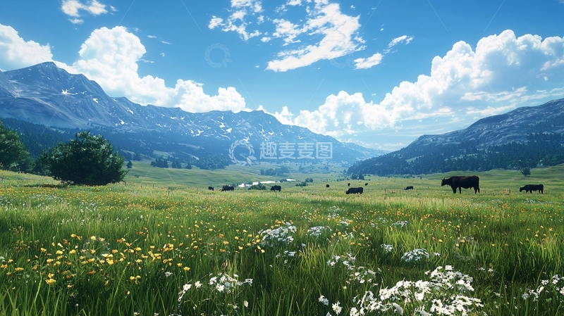 高清大图下载【趣麦麦图】山峦草原牛群蓝天白云