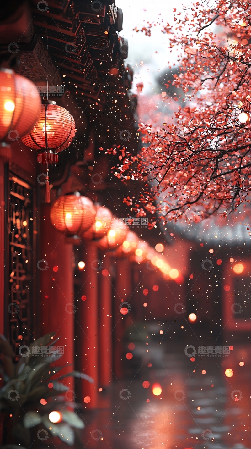 高清大图下载【趣麦麦图】中式灯笼红梅古建筑