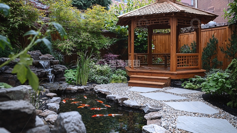 高清大图下载【趣麦麦图】日式庭院凉亭锦鲤池