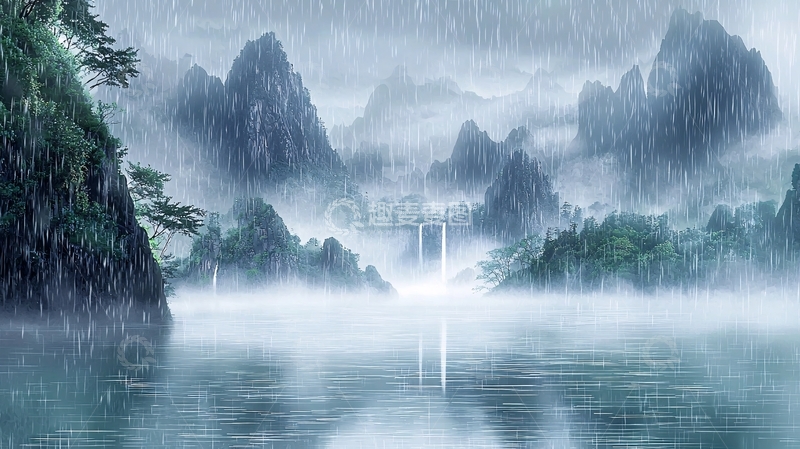 高清大图下载【趣麦麦图】雨中水墨山水画