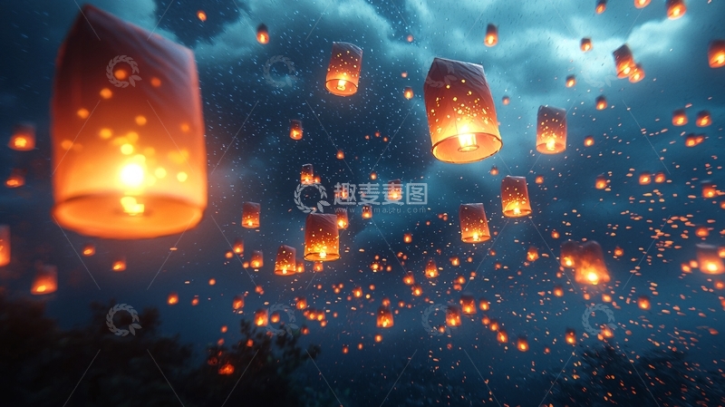 高清大图下载【趣麦麦图】夜空飞舞的许愿灯笼