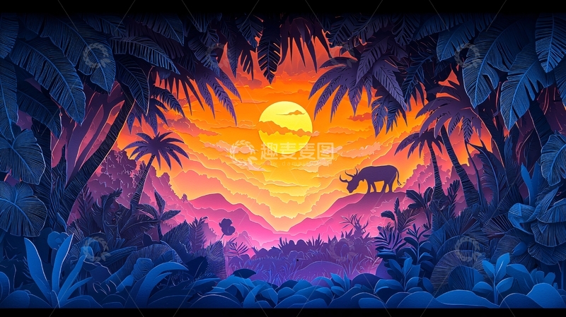 高清大图下载【趣麦麦图】热带丛林落日剪影