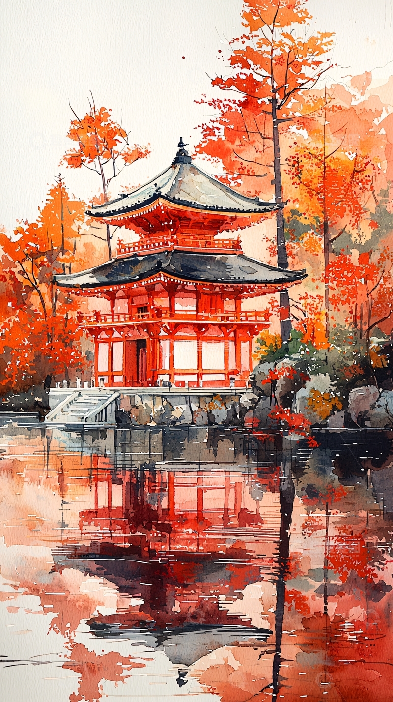 高清大图下载【趣麦麦图】秋日红枫寺庙倒影