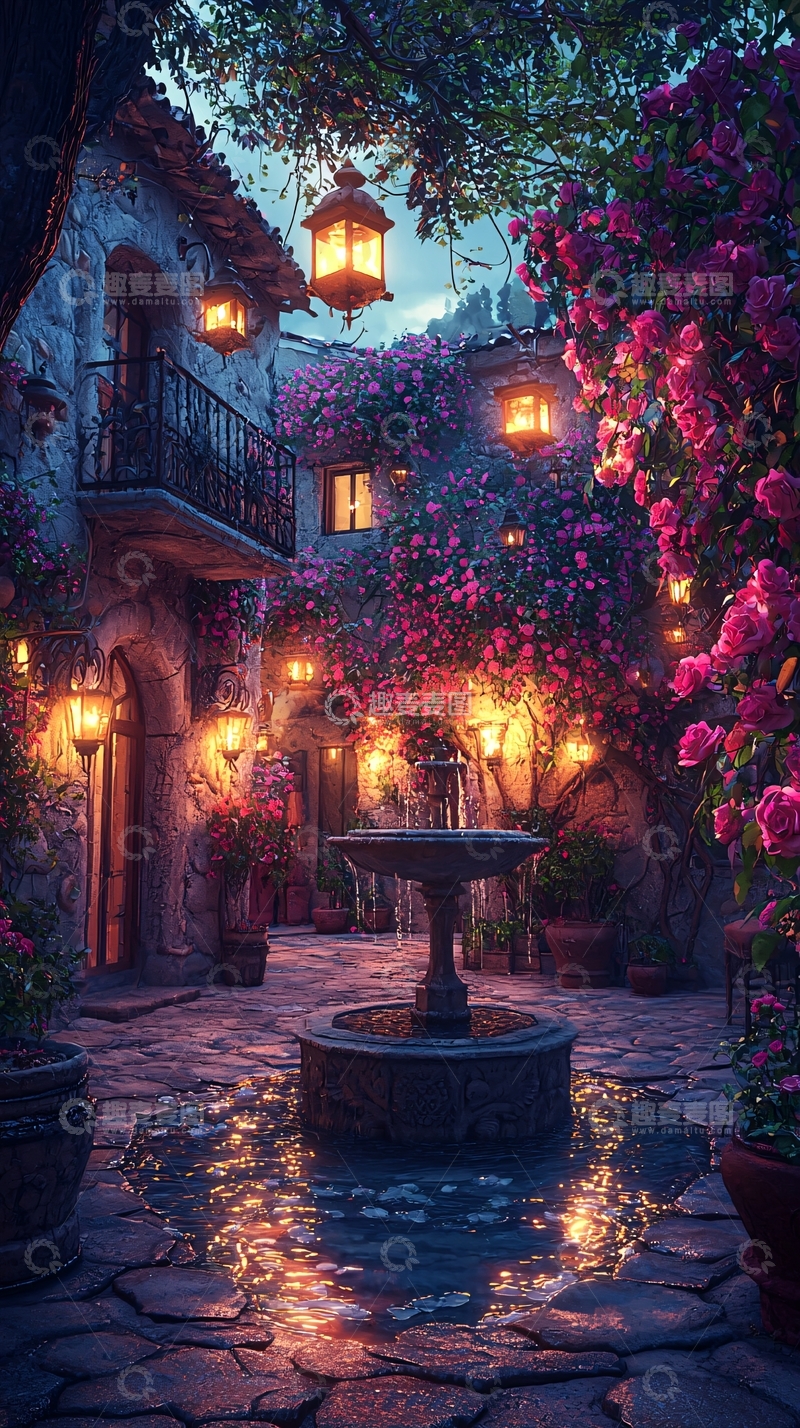 高清大图下载【趣麦麦图】夜晚庭院灯光花卉