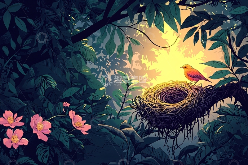 高清大图下载【趣麦麦图】清晨森林鸟巢