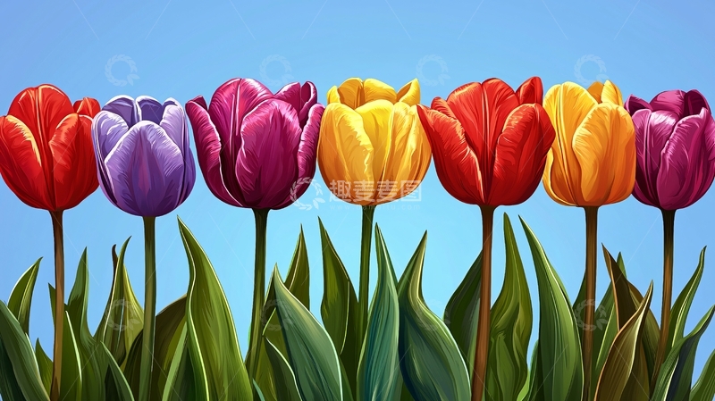 高清大图下载【趣麦麦图】蓝天背景下五彩缤纷的郁金香