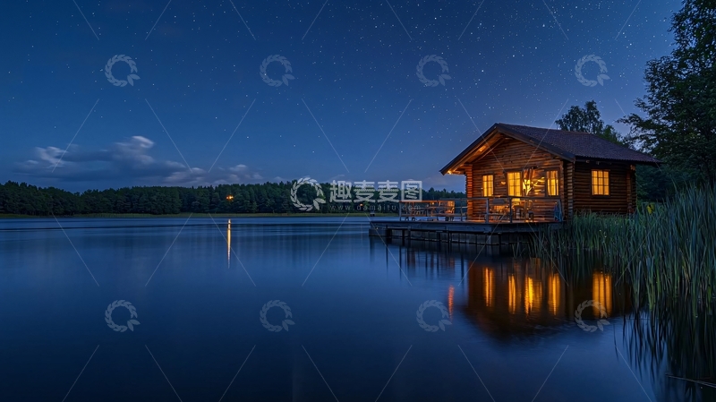 高清大图下载【趣麦麦图】湖边木屋夜景