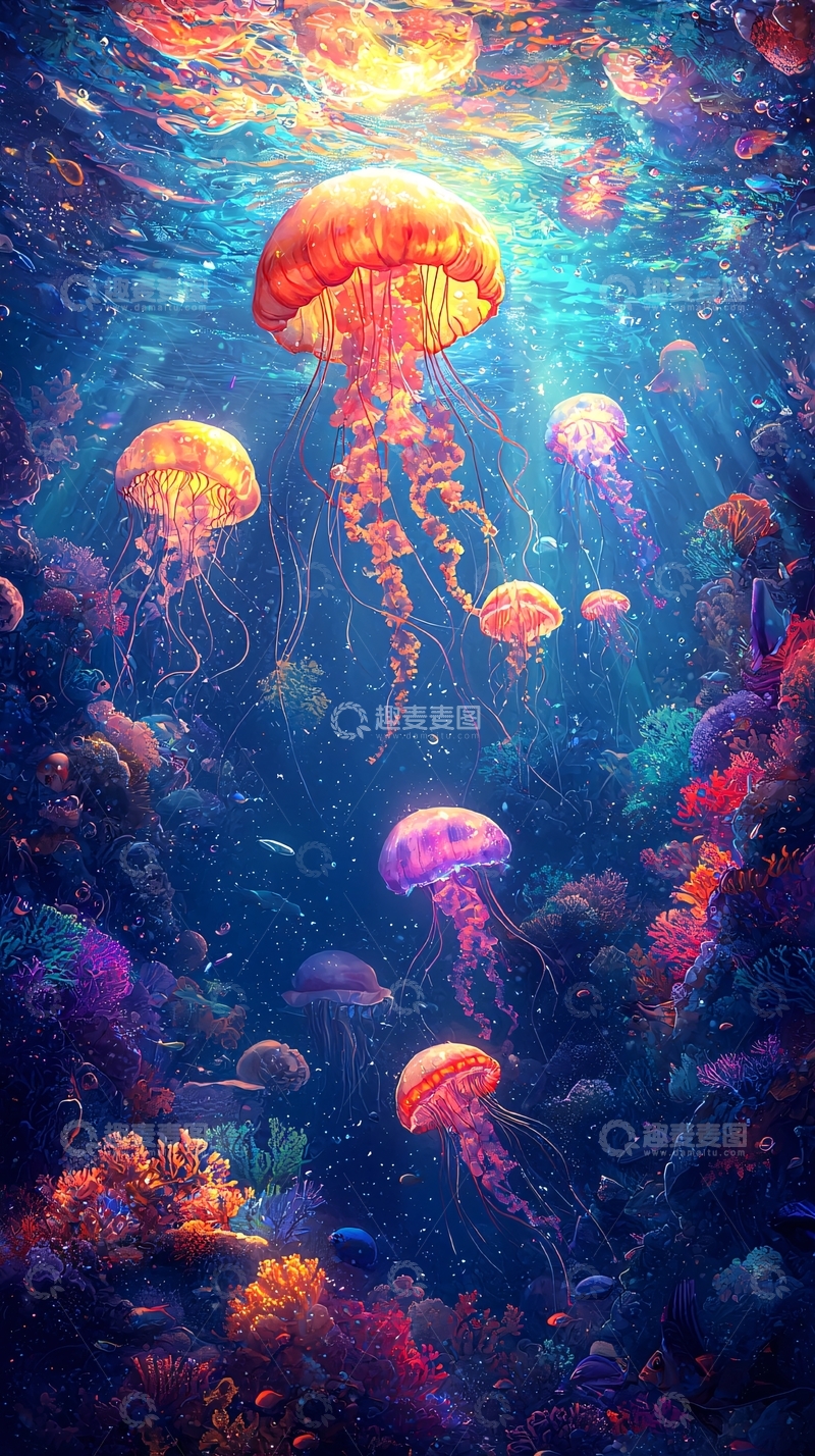高清大图下载【趣麦麦图】五彩水母在深海中