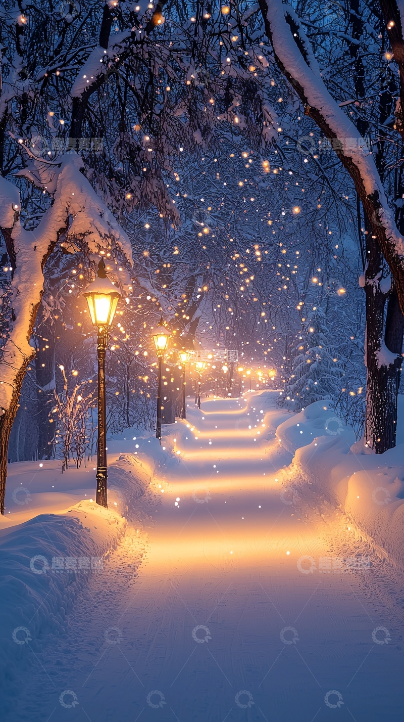 高清大图下载【趣麦麦图】雪夜灯光小路