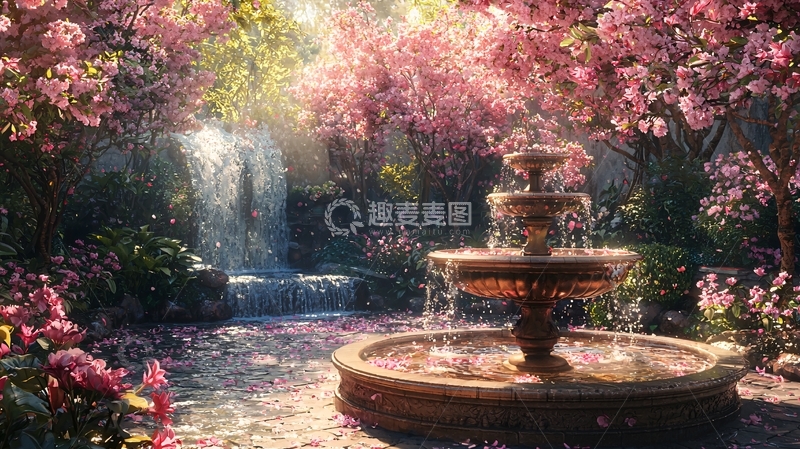 高清大图下载【趣麦麦图】梦幻樱花树下喷泉