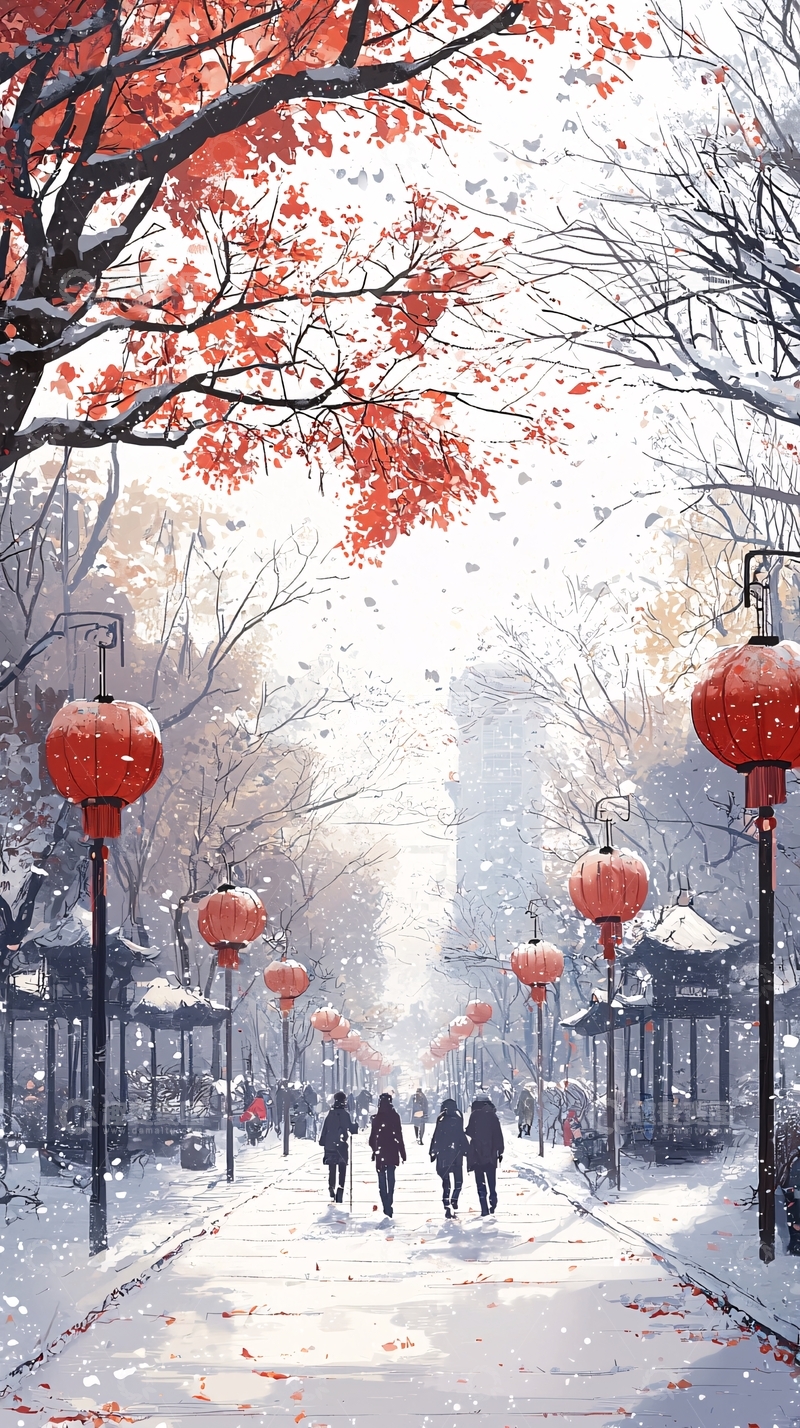 高清大图下载【趣麦麦图】冬日雪景红灯笼街道