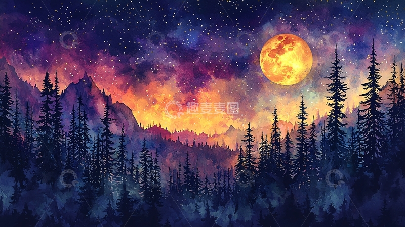 高清大图下载【趣麦麦图】星空下的森林和月亮