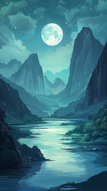 月夜山河景色图