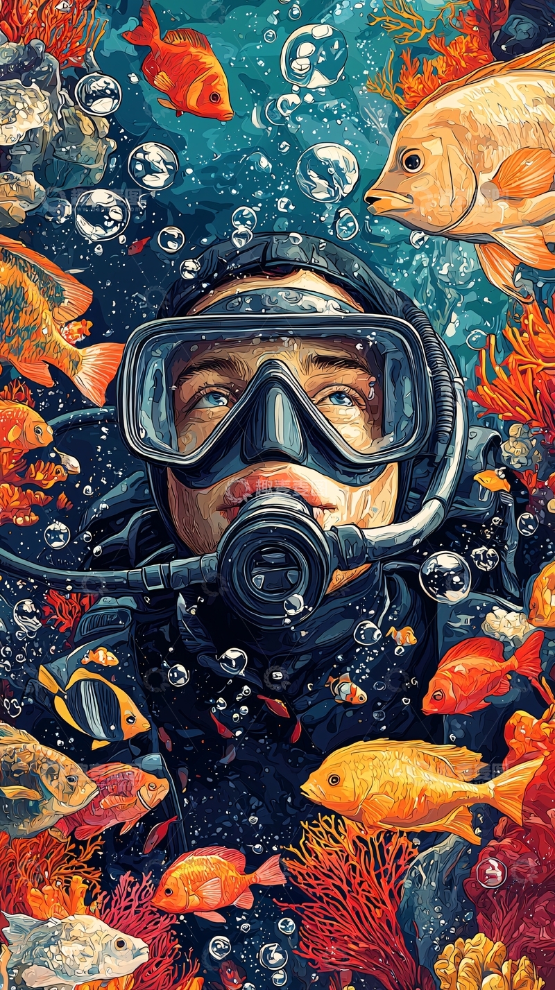 高清大图下载【趣麦麦图】水下潜水员与鱼群共舞