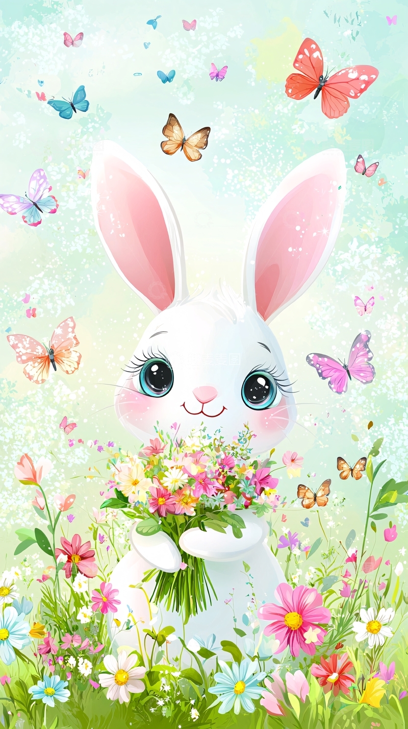 高清大图下载【趣麦麦图】可爱小白兔抱花