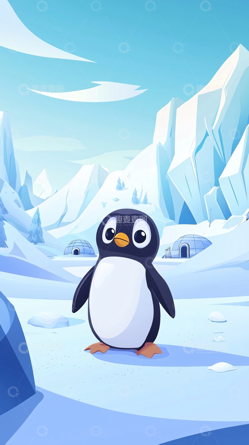 高清大图下载【趣麦麦图】可爱企鹅冰川背景图