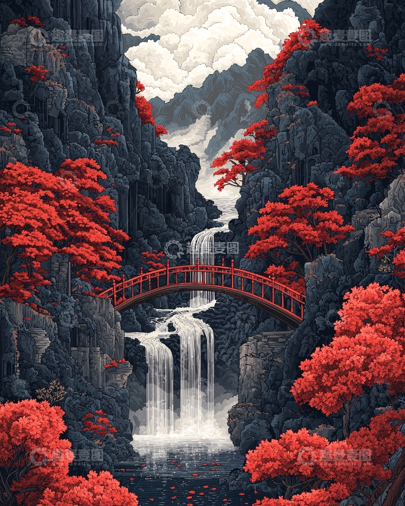 高清大图下载【趣麦麦图】红叶枫林瀑布桥