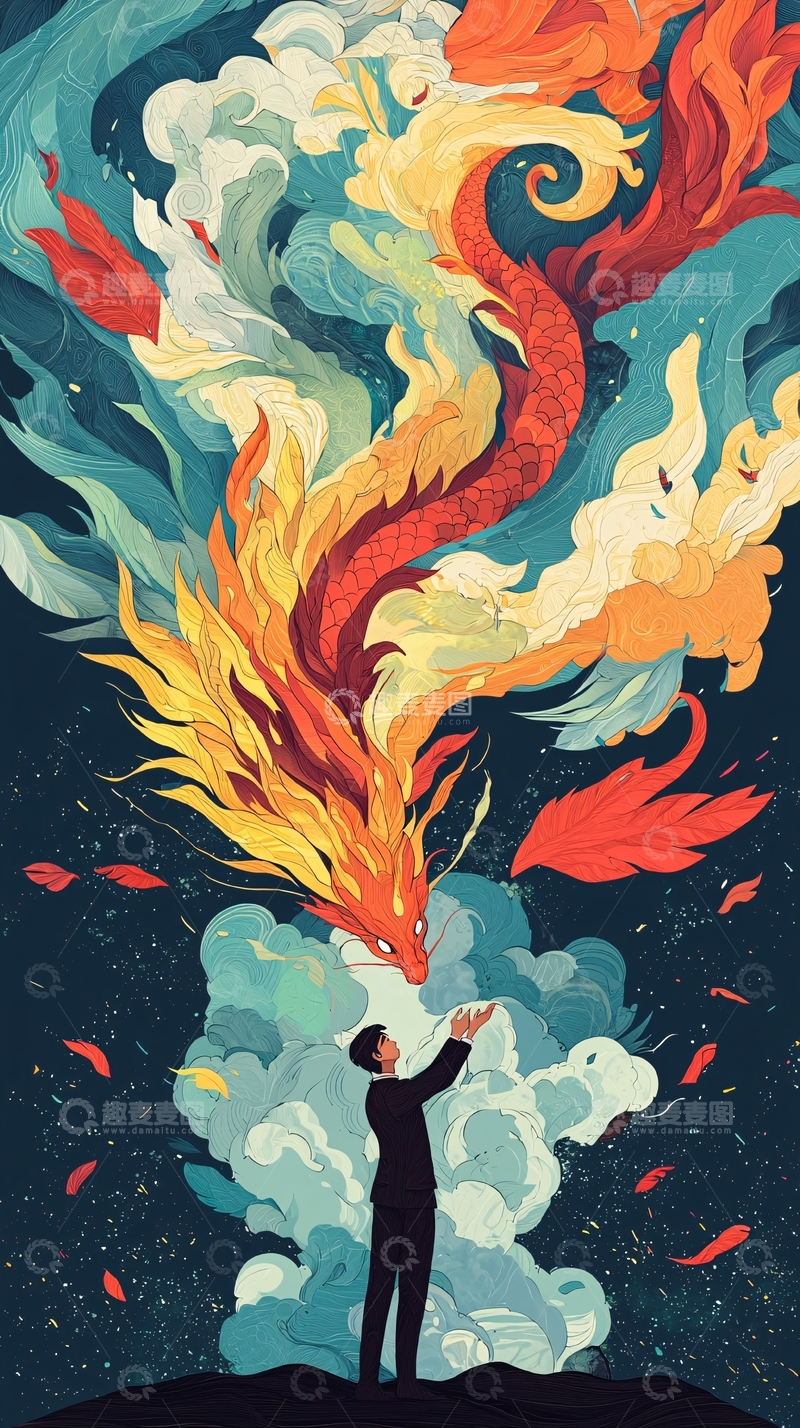 高清大图下载【趣麦麦图】彩色火龙与男人