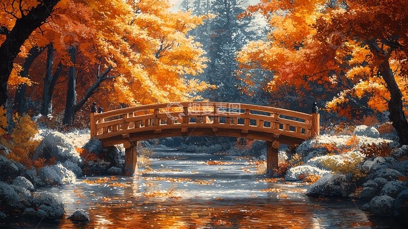 高清大图下载【趣麦麦图】秋日森林木桥景色
