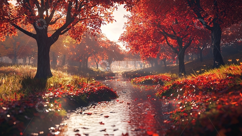 高清大图下载【趣麦麦图】秋日红叶溪流森林