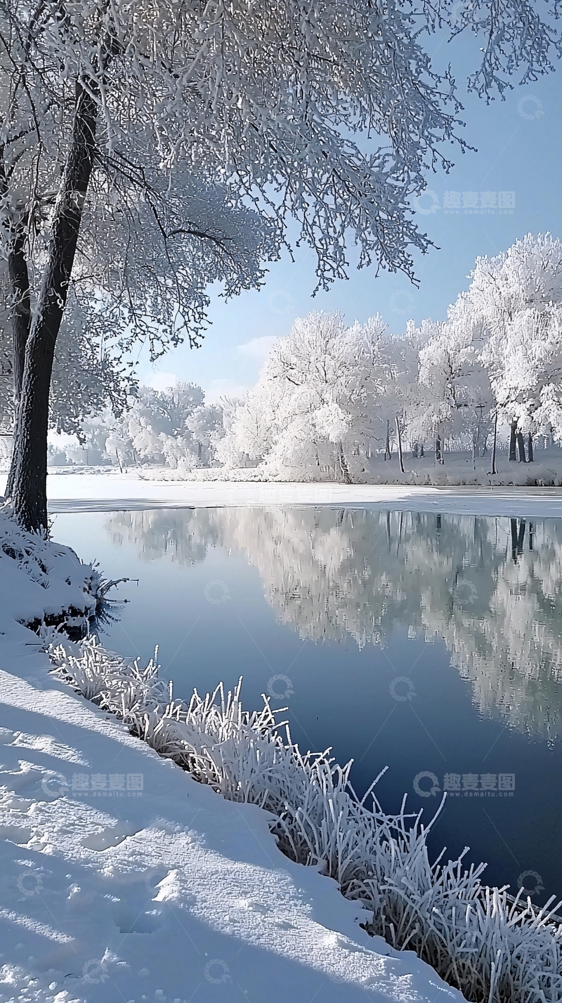 高清大图下载【趣麦麦图】冰雪覆盖的湖边树木