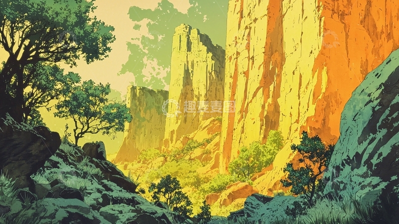 高清大图下载【趣麦麦图】峡谷风景复古海报