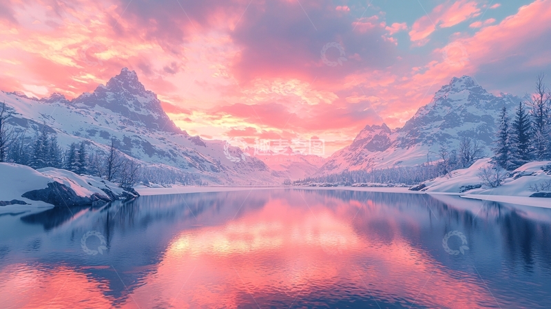 高清大图下载【趣麦麦图】雪山日落湖面倒影