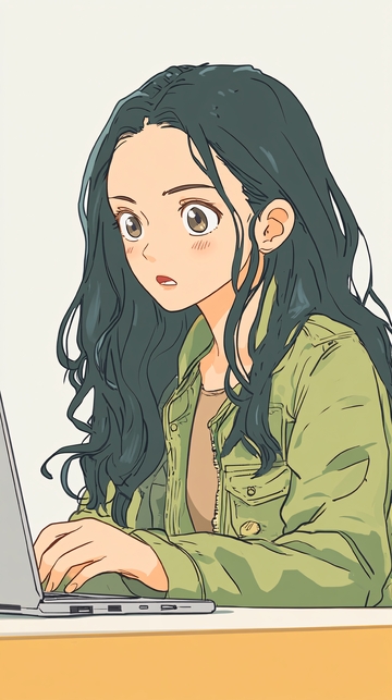 长发女孩使用笔记本电脑