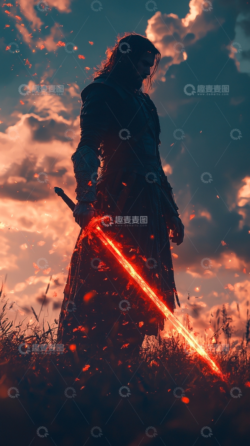 高清大图下载【趣麦麦图】落日武士持燃火巨剑