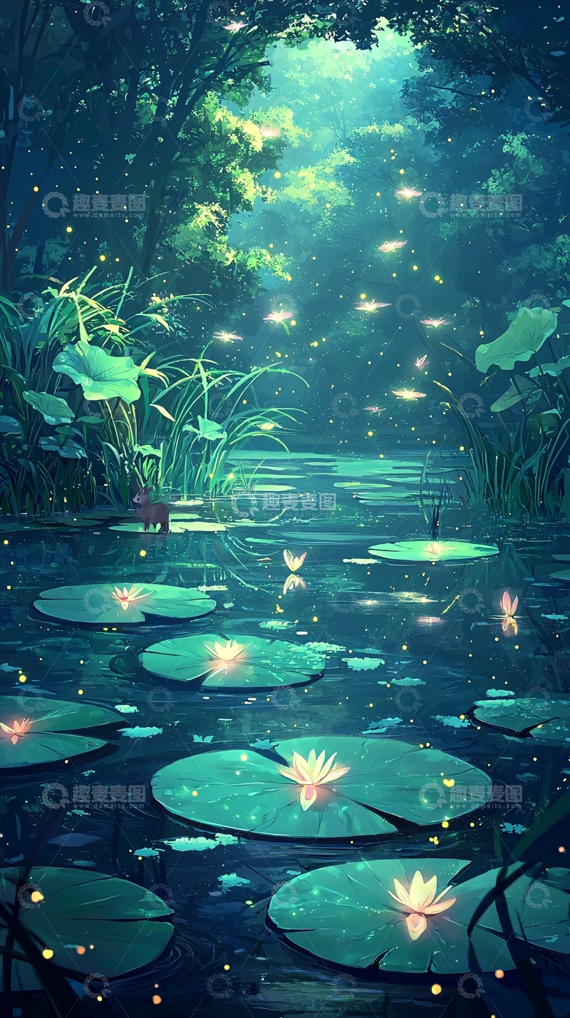 高清大图下载【趣麦麦图】萤火虫森林梦幻湖泊