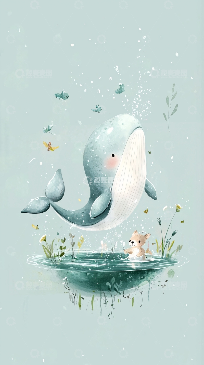 高清大图下载【趣麦麦图】萌系鲸鱼和小动物