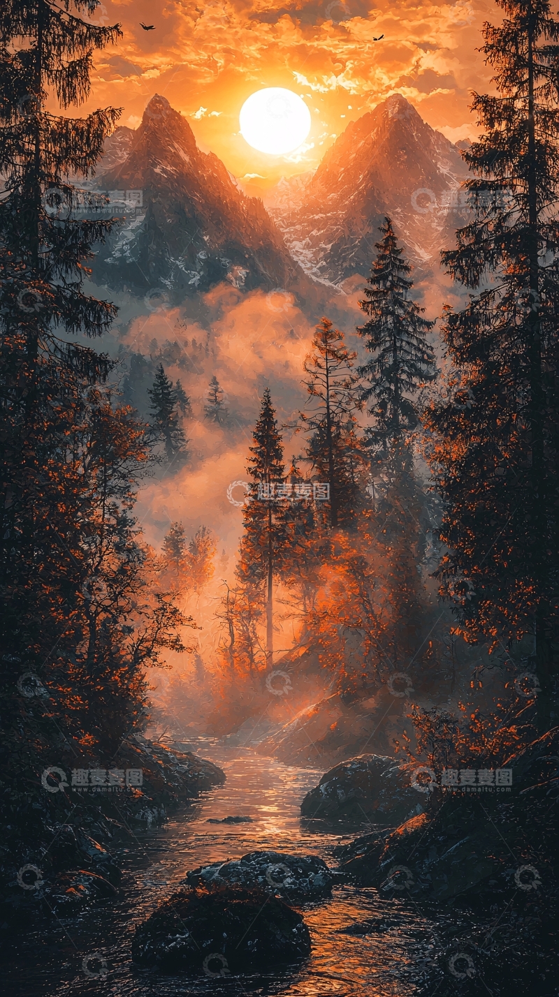 高清大图下载【趣麦麦图】日出山峰溪流雾气森林