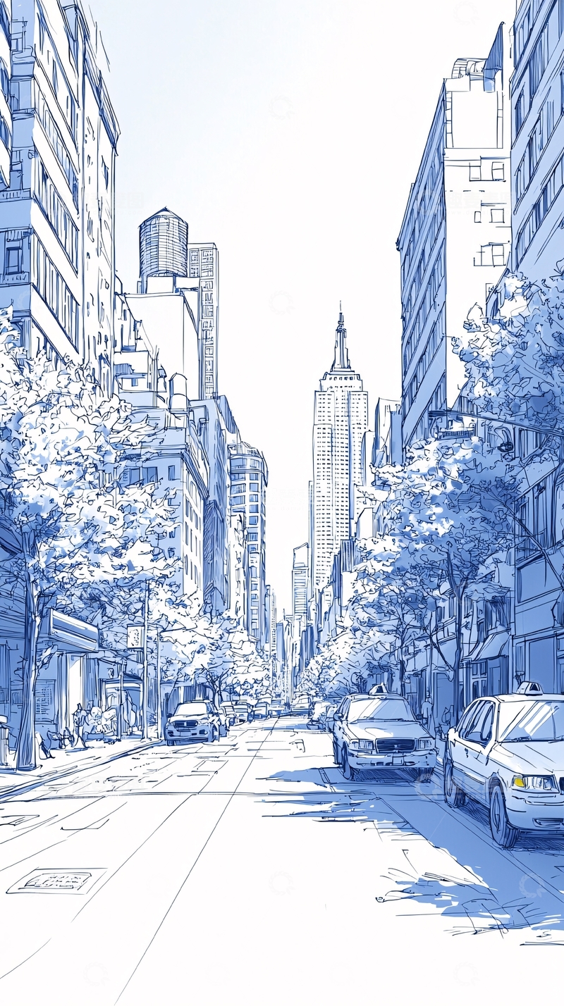 高清大图下载【趣麦麦图】蓝调城市街道手绘图