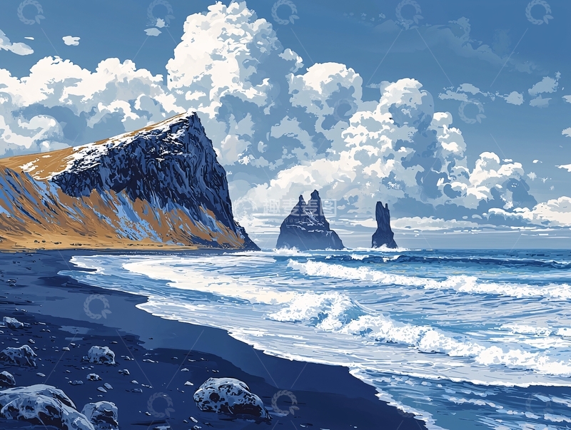 高清大图下载【趣麦麦图】海边黑色沙滩岩石山峰