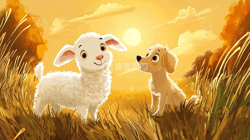 高清大图下载【趣麦麦图】夕阳下的小羊和狗狗