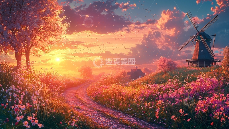 高清大图下载【趣麦麦图】日落风车田园风光