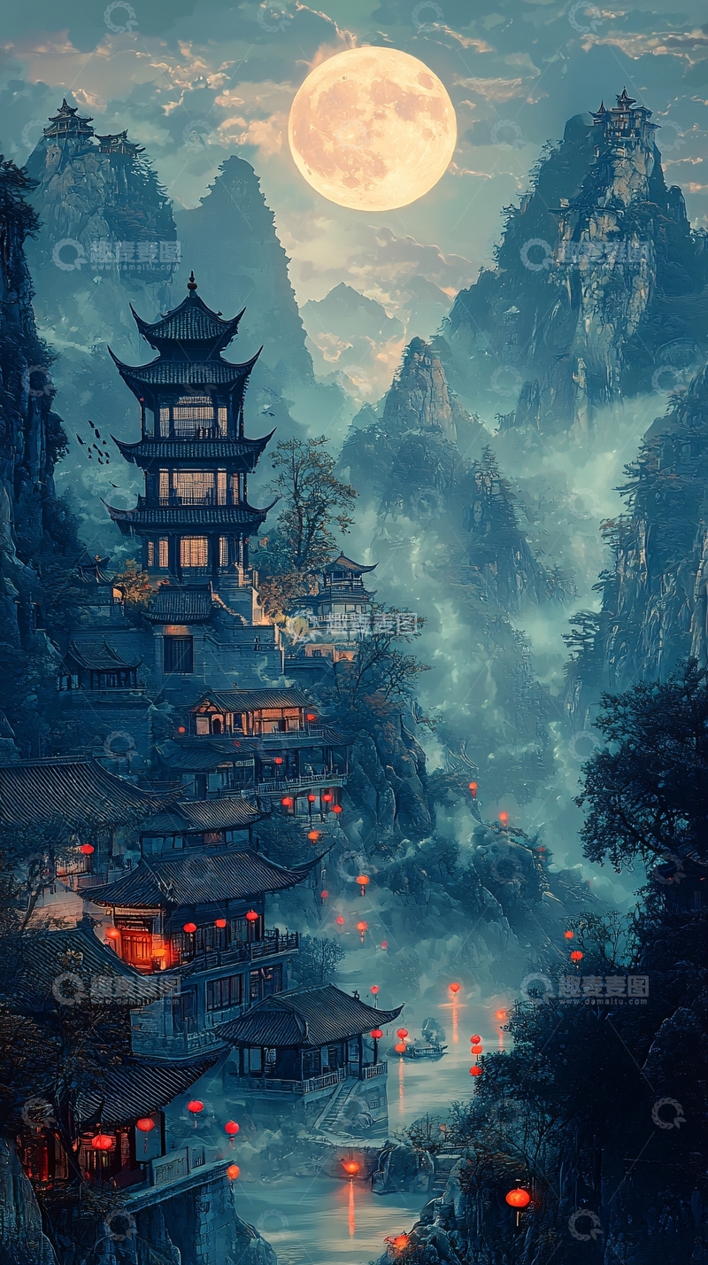 高清大图下载【趣麦麦图】月夜古镇山水画