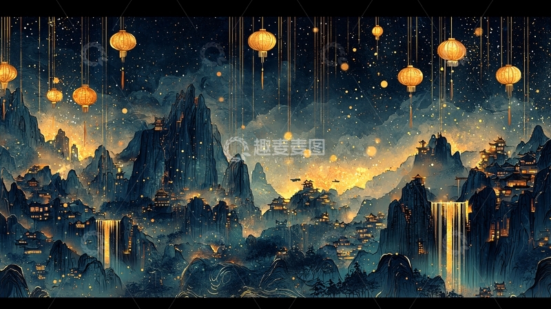 高清大图下载【趣麦麦图】中国风山水灯笼夜景