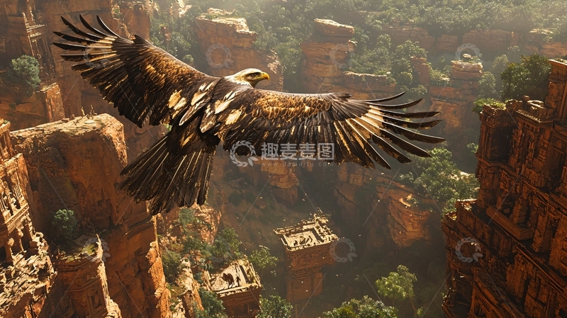 高清大图下载【趣麦麦图】雄鹰飞跃峡谷古城