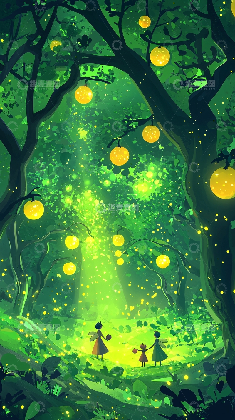 高清大图下载【趣麦麦图】绿光森林奇幻女孩